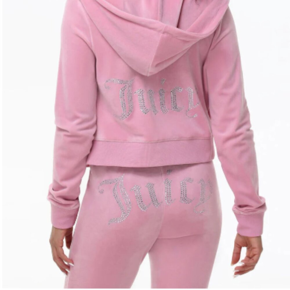 Juicy Couture Pink Velour Track Pants & Hoodie Set with Crystal Logo
